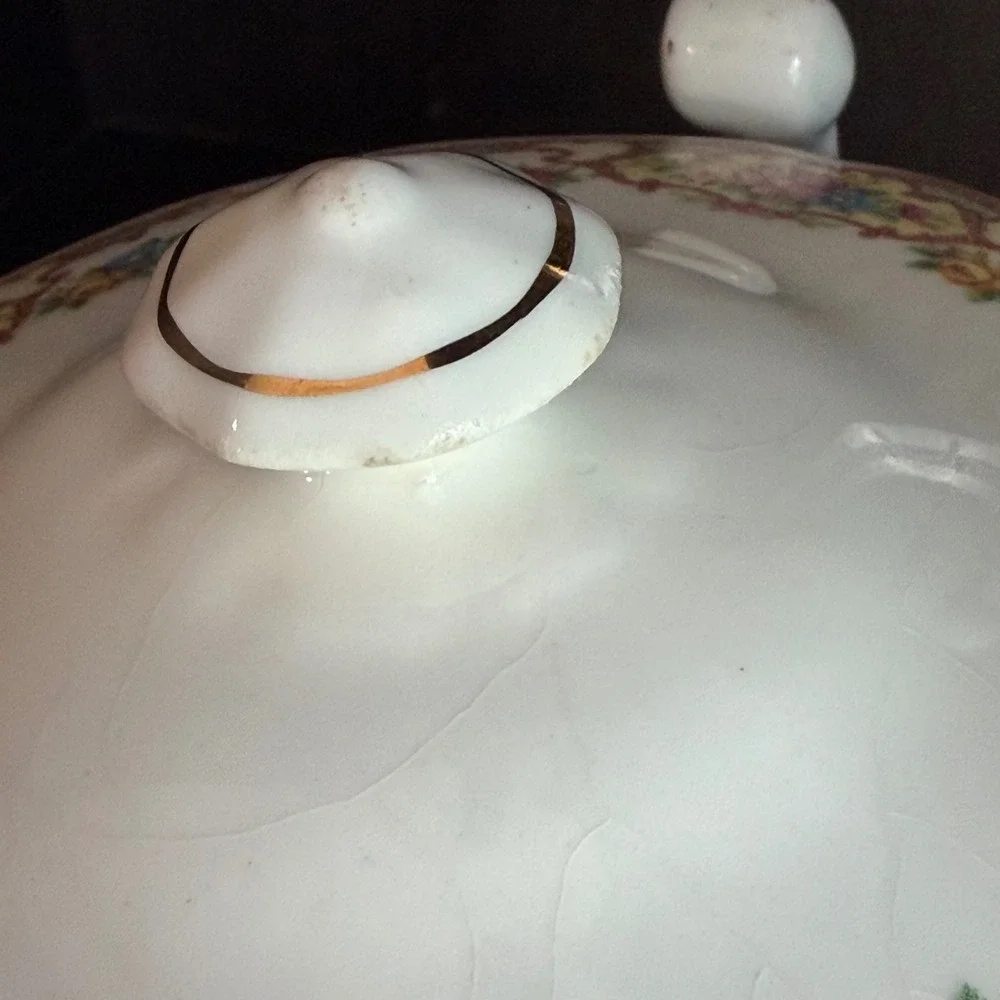 Antique Floral Porcelain Lidded Sugar Bowl Gold Gilt Trim Footed Tea Server